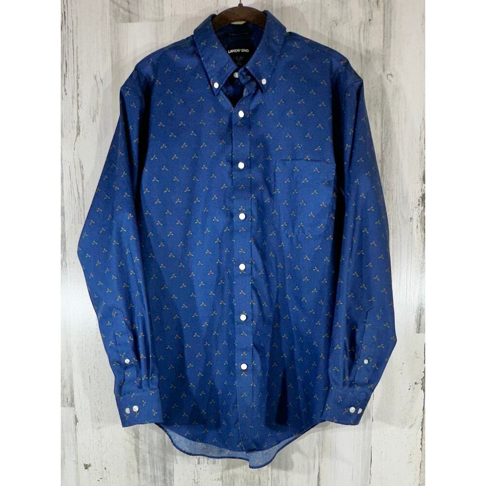Lands End Mens Shirt No Iron Supima Tailored Fit Size 16 34 Holly‎ Christmas